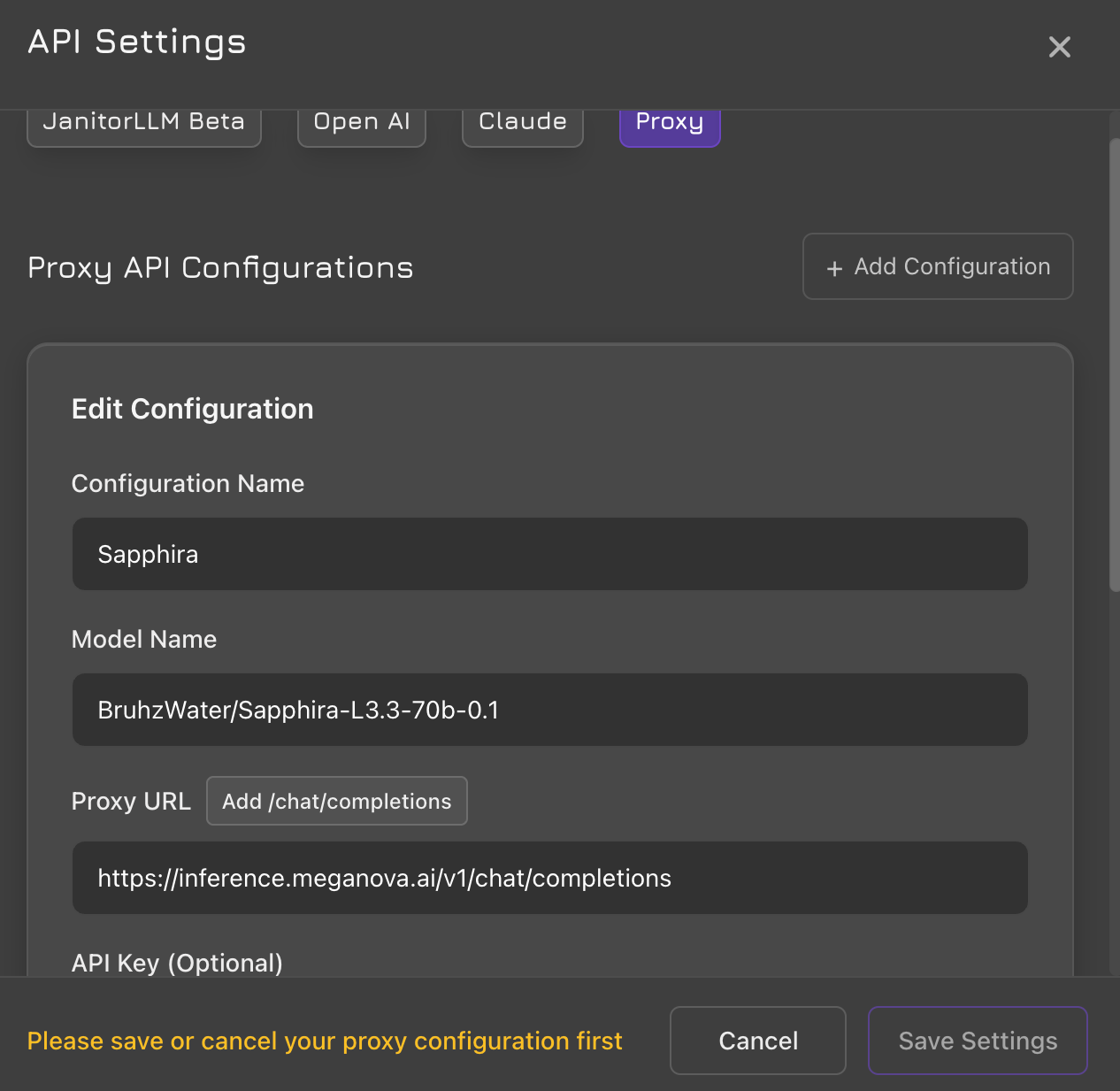 Free Sapphira-L3.3-70B-0.1 Proxy for JanitorAI Chat with MegaNova AI Setup Guide